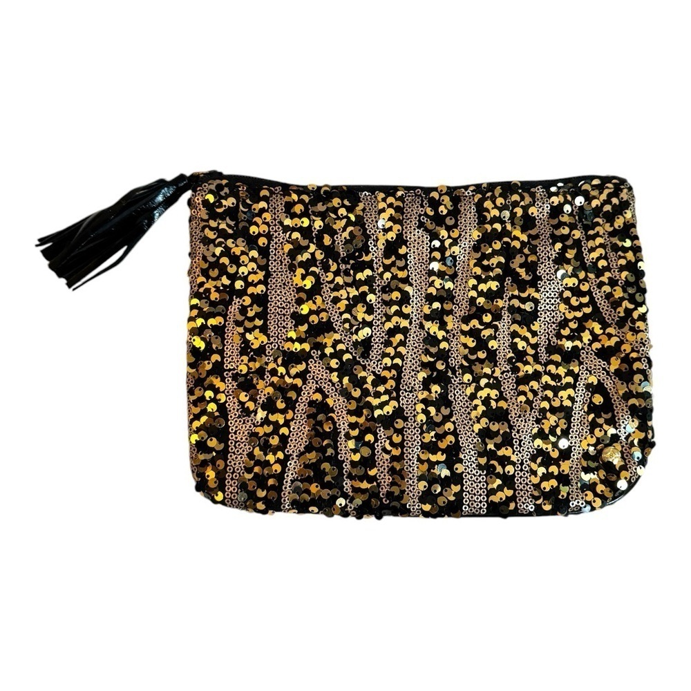 Stephanie Johnson Black Gold Sequin Zip Top Small Clutch Tassel